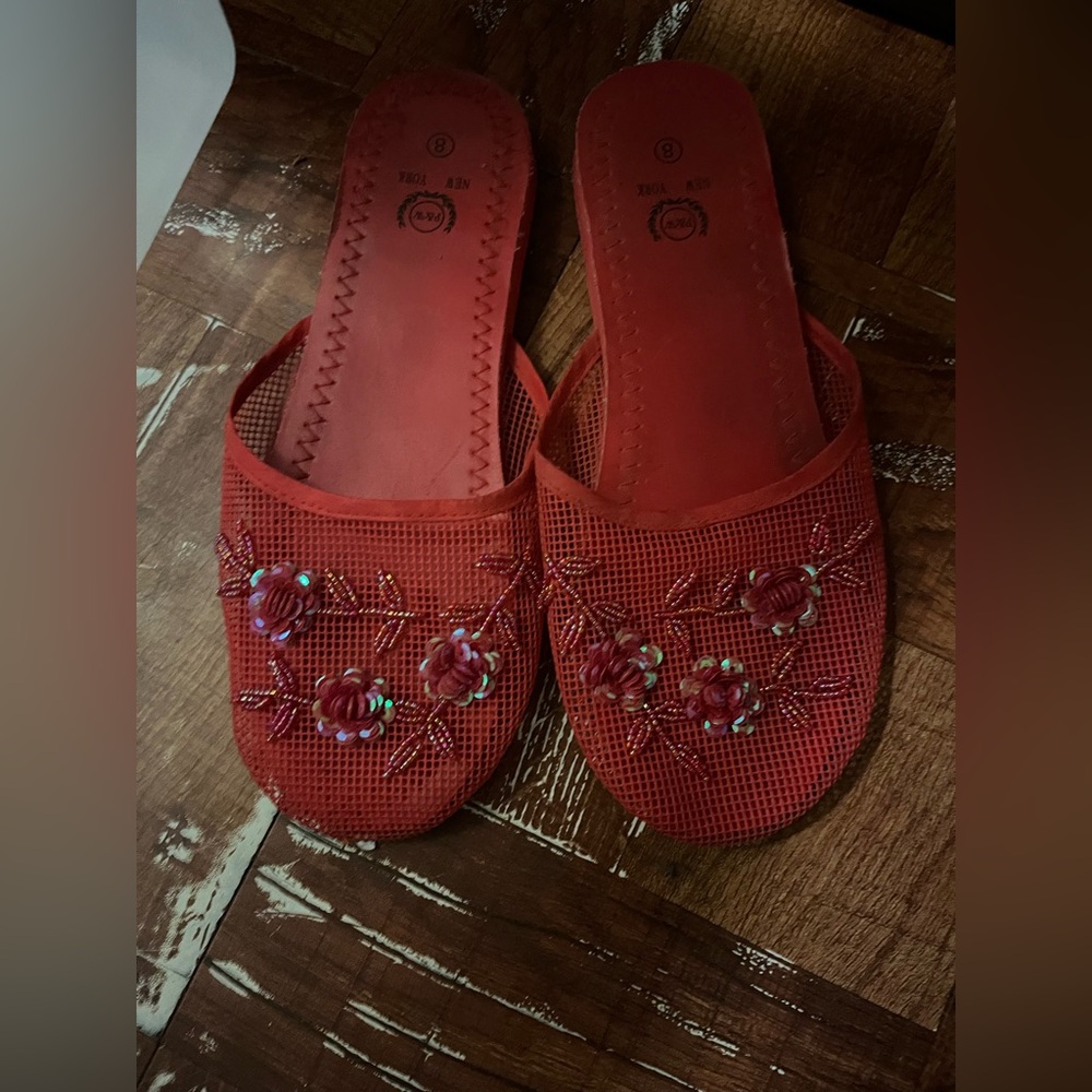 Red Floral Embellished Slippers